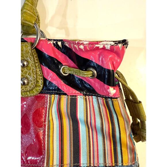 Y2K Multicolor Patchwork Purse Rhinestone Buckle Bag Croc Trim Retro Tote Boho - Picture 4 of 7